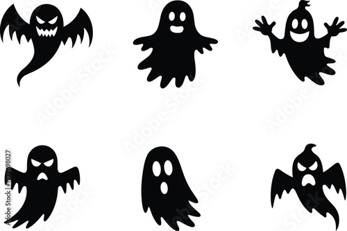 Spooky Halloween ghost silhouette collection featuring scary flying spirits with evil expressions and cute playful phantom characters isolated on white background for holiday design