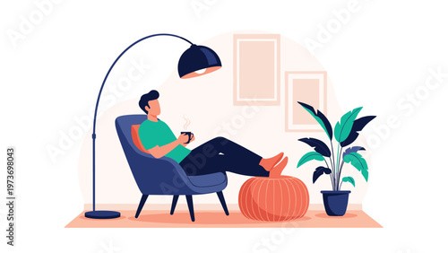 Man relaxing in a comfortable armchair at home with a hot drink under a floor lamp near a potted plant during a quiet evening.