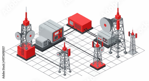 Communication Network Infrastructure with Towers and Buildings.