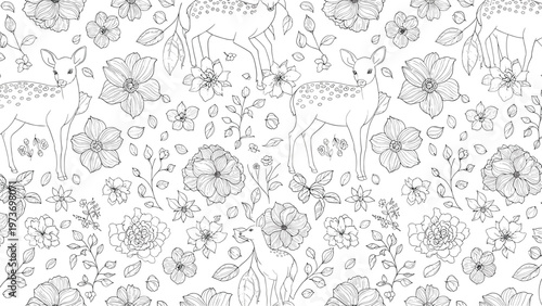 Detailed black and white seamless pattern featuring delicate fawns and various blooming flowers for a nature-inspired coloring book page.
