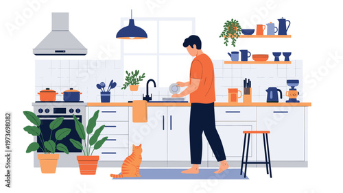 Man washing dishes in a modern kitchen while a curious ginger cat watches him from the floor in a quiet domestic daily life scene.