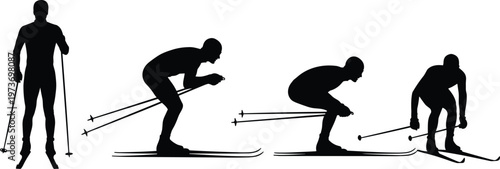Cross-Country Skiing Silhouettes Set Featuring Ski Movements, Skiing Poses, and Winter Sports for Active Lifestyle and Outdoor Sports Designs