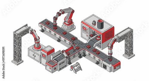 Automated Robotic Assembly Line in Modern Factory.