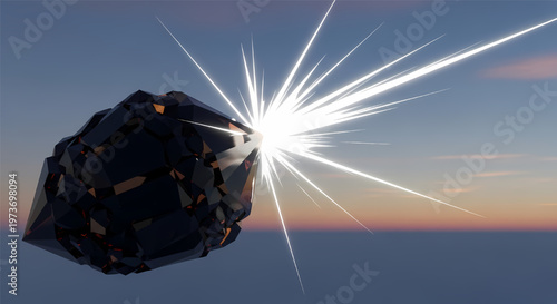 Large black diamond gemstone with bright light burst against sunset sky background its illustration only