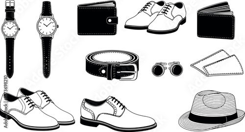 A collection of men's fashion accessories watches wallets shoes belts and hats in sketch style