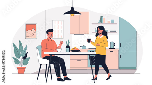 Young couple enjoying a morning coffee and conversation in their modern kitchen together in a warm and comfortable domestic setting.