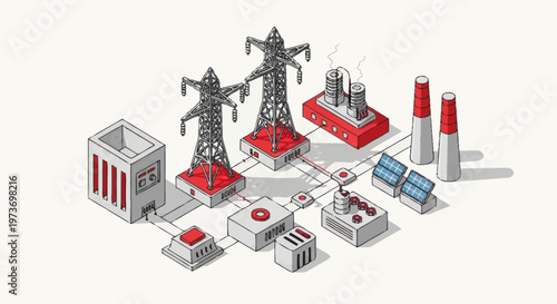 Isometric Power Plant Infrastructure and Energy Generation Components.