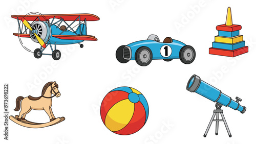 Collection of classic children toys including a plane, race car, rocking horse, ball, telescope, and colorful stacking rings for play.