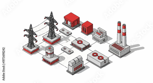 Isometric Power Plant and Grid Network Illustration.