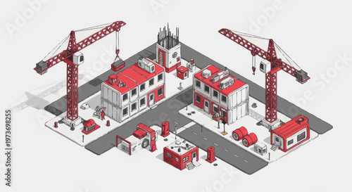 Isometric Construction Site with Cranes and Buildings.