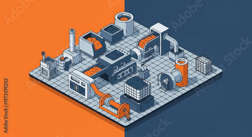 Isometric Factory Production Line with Machinery and Robotic Arm.