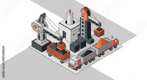 Isometric Industrial Factory with Cranes and Trucks.