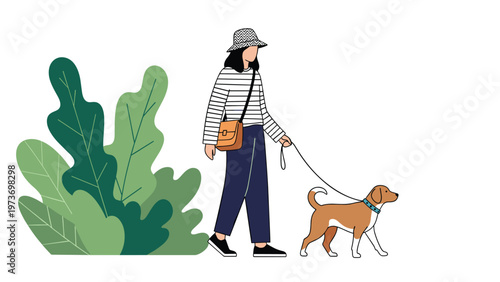 Woman in a striped shirt and hat walking her beagle dog past lush green bushes in an outdoor urban park environment.