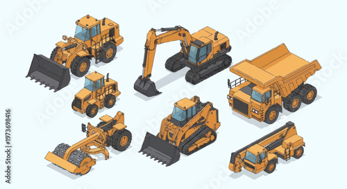 Collection of Yellow Construction Vehicles Isometric View.