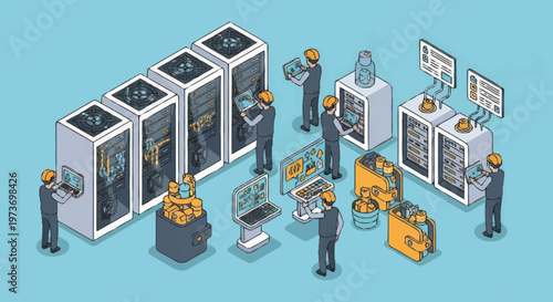 Data Center Technicians Working on Server Racks and Equipment.