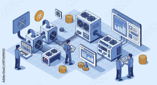 Cryptocurrency Mining Farm with People and Technology.