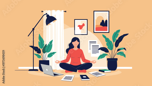 Woman practicing meditation in a seated lotus position on her office floor surrounded by plants, laptop, and documents for work.
