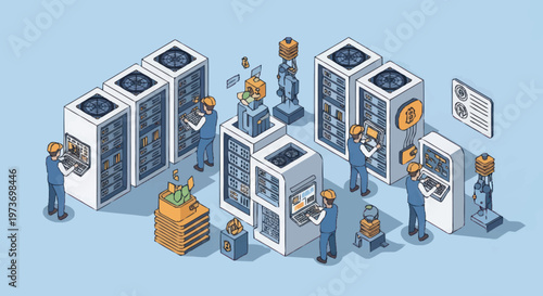 Isometric Data Center with Technicians Working on Servers.