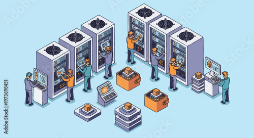 IT Professionals Working in a Server Room with Racks and Computers.