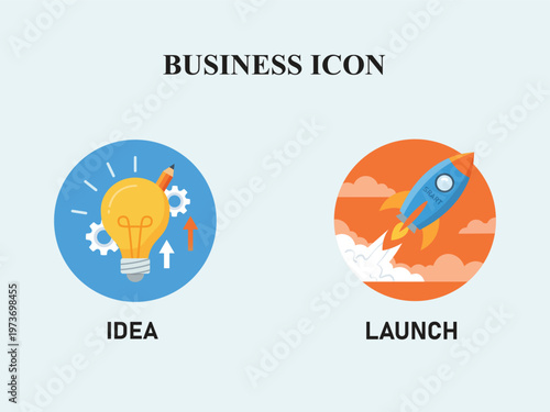 Business icon set with idea and launch concepts on light blue background