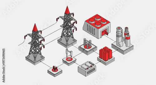 Isometric Power Plant and Electrical Grid Connection.