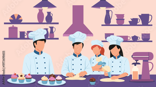 Group of pastry chefs in white uniforms working together in a professional bakery kitchen to prepare cupcakes and fresh dough.