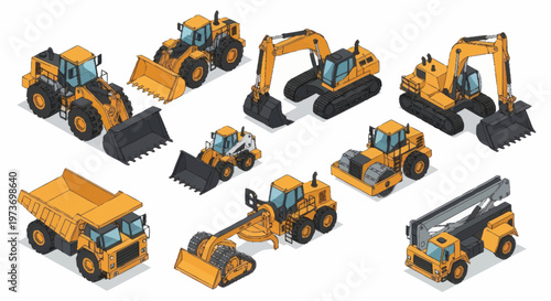Collection of Yellow Construction Heavy Machinery Vehicles.
