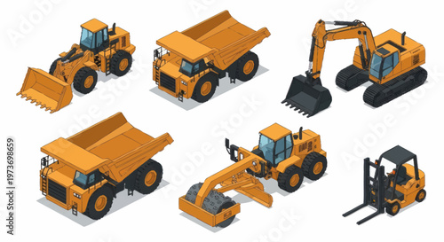 Collection of Isometric Construction Vehicles and Equipment.