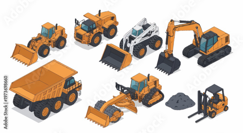 Collection of Isometric Construction Vehicles and Equipment.
