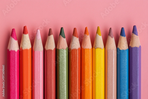 Colored pencils arranged on a pink background for art projects