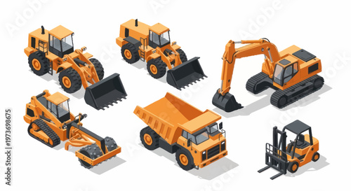 Collection of Isometric Construction Vehicles and Equipment.
