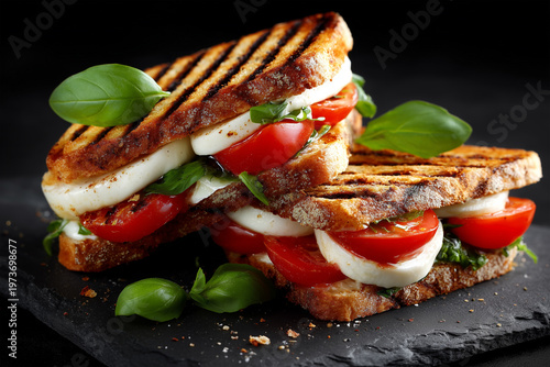 Grilled sandwich with tomato and mozzarella on a black surface