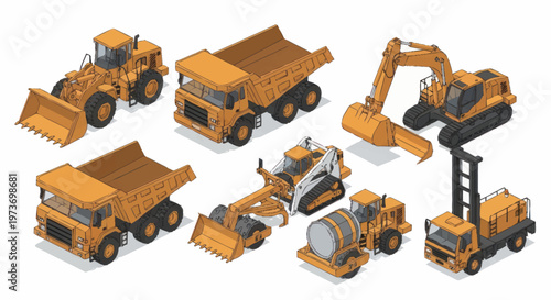 Collection of Isometric Construction Vehicles and Equipment.
