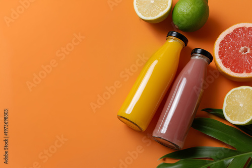 Bottles of juice with fresh fruits on orange background