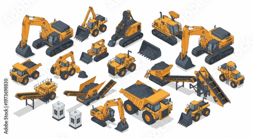 Collection of Isometric Construction Vehicles and Equipment.