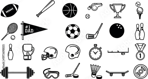 Diverse collection of sports equipment icons in black and white representing various athletic activities