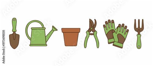 Gardening Tools Set Icons Isolated on White Background, Vector Flat Illustration of Trowel Watering Can Flower Pot Pruner Gloves and Rake for Spring Planting Concept and Horticulture Hobby Supplies