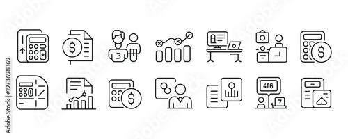 Collection of business and finance related line icons and symbols on white background
