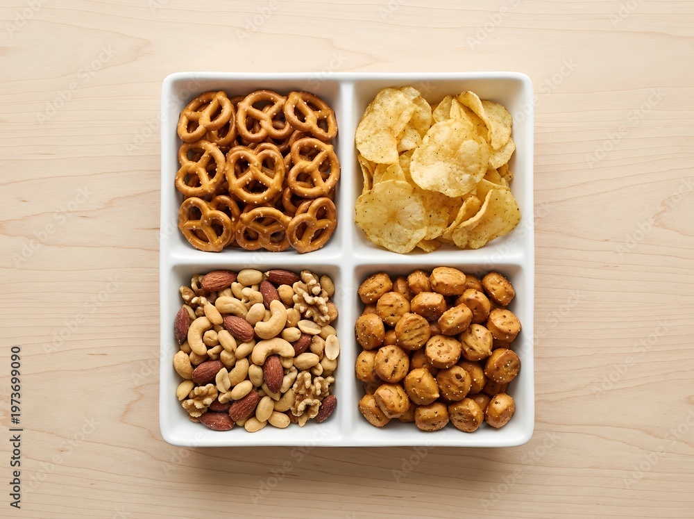Fototapeta premium Elevated View of Assorted Salty Snacks in Compartment Tray