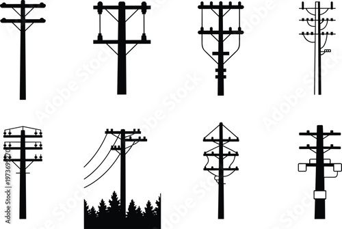 Set of Eight Black Utility Pole Icons Featuring Electricity Pylons, Power Lines, Telephone Posts, Energy Infrastructure Symbols, and Electrical Grid Vector Illustrations on White Background