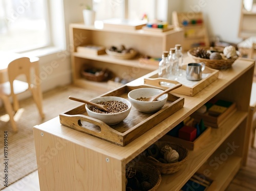 Educational Montessori Classroom Setup with Practical Life Materials