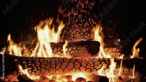 Cozy fireplace with crackling logs and glowing embers on a dark night