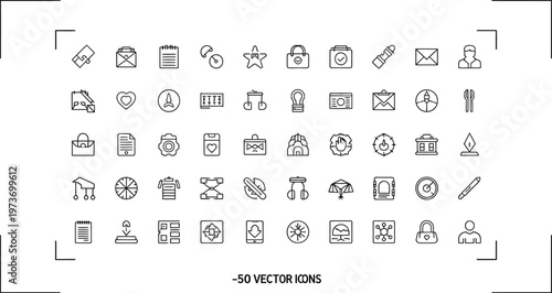 A collection of fifty thin line vector icons representing various business and communication elements.
