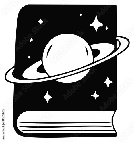 Open book featuring a stylized planet with rings and sparkling stars against a dark cosmic background