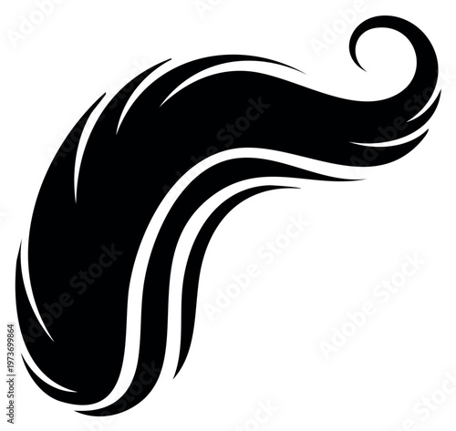Stylized Silhouette of a Flowing Black Hair Strand with a Curl