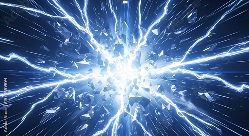 Abstract Blue Energy Explosion with Light Streaks and Debris