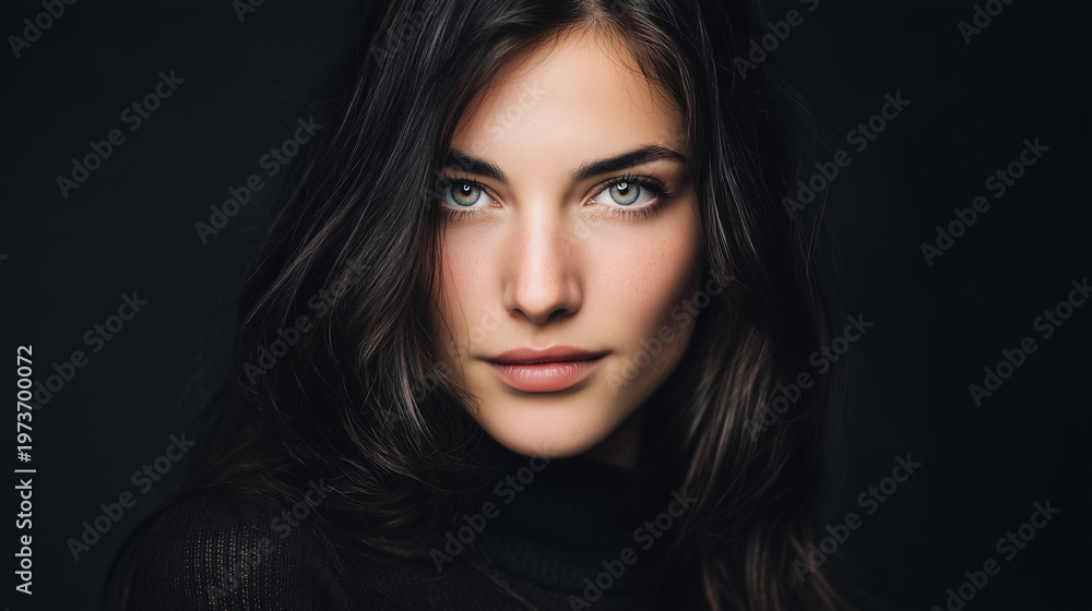 Fototapeta premium Captivating Portrait of a Woman with Piercing Eyes and striking brunette hair