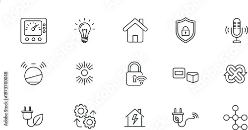 Digital smart house interface icons representing energy efficiency and security management.