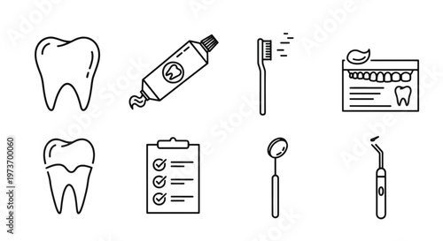 Dental Hygiene Icons Toothbrush Paste Mirror and Checklist