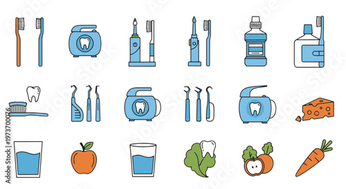 Dental Hygiene Items and Healthy Food Icons Set on White Background